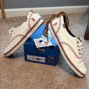 Keds White Canvas Boston Red Sox Sneakers with Red Baseball Stitching